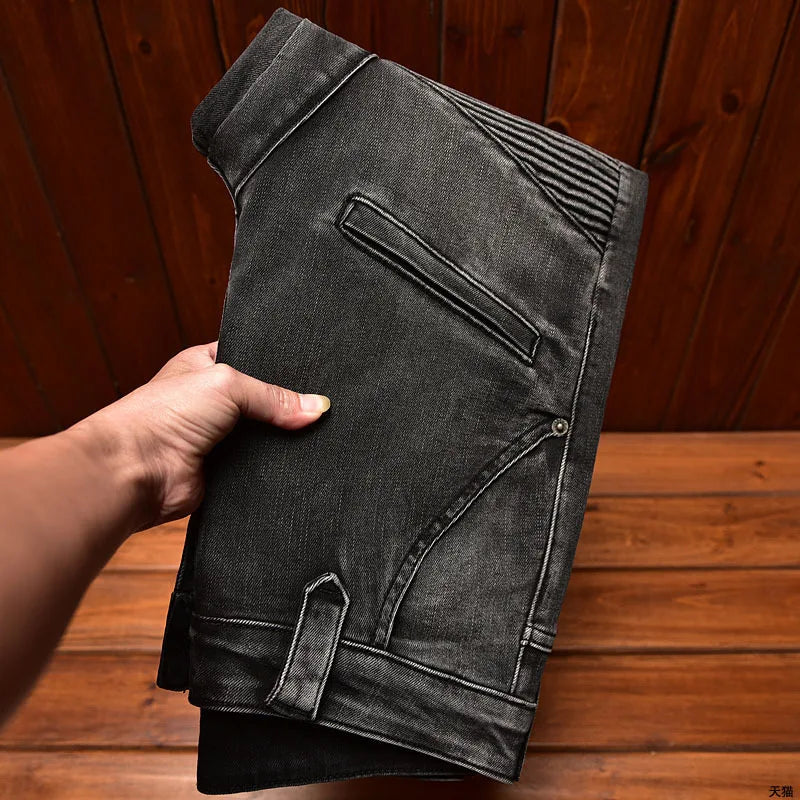 Motorcycle Jeans Black and Gray for Men 2024 Fashion Rock Skinny Pants Personality Stitching Vintage Men's Skinny Trousers