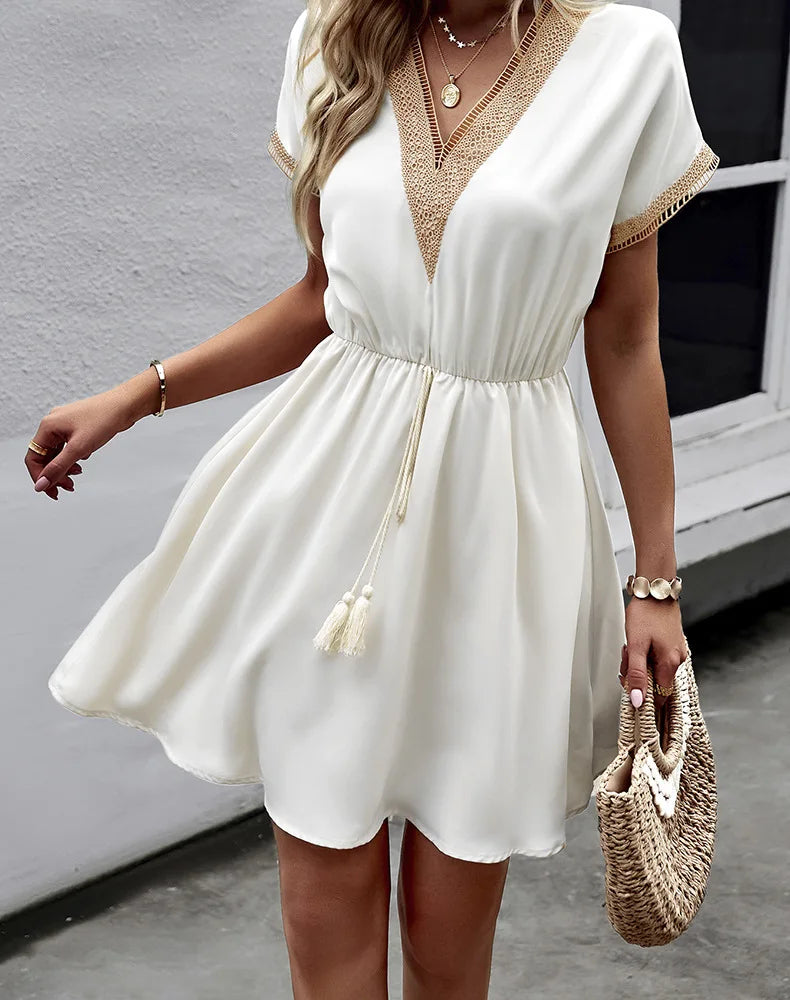 High Quality Dress Women Summer 2024 Casual Hollow Lace Patchwork V-neck Short Dress Tassels Tied Waist Belt Vintage Vestido Y2k