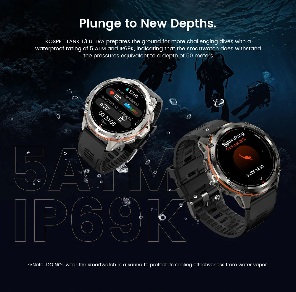 2024 Original KOSPET TANK T3 Ultra GPS Smartwatch For Men Women Waterproof Smart Watches Military Rugged Bluetooth Digital Watch