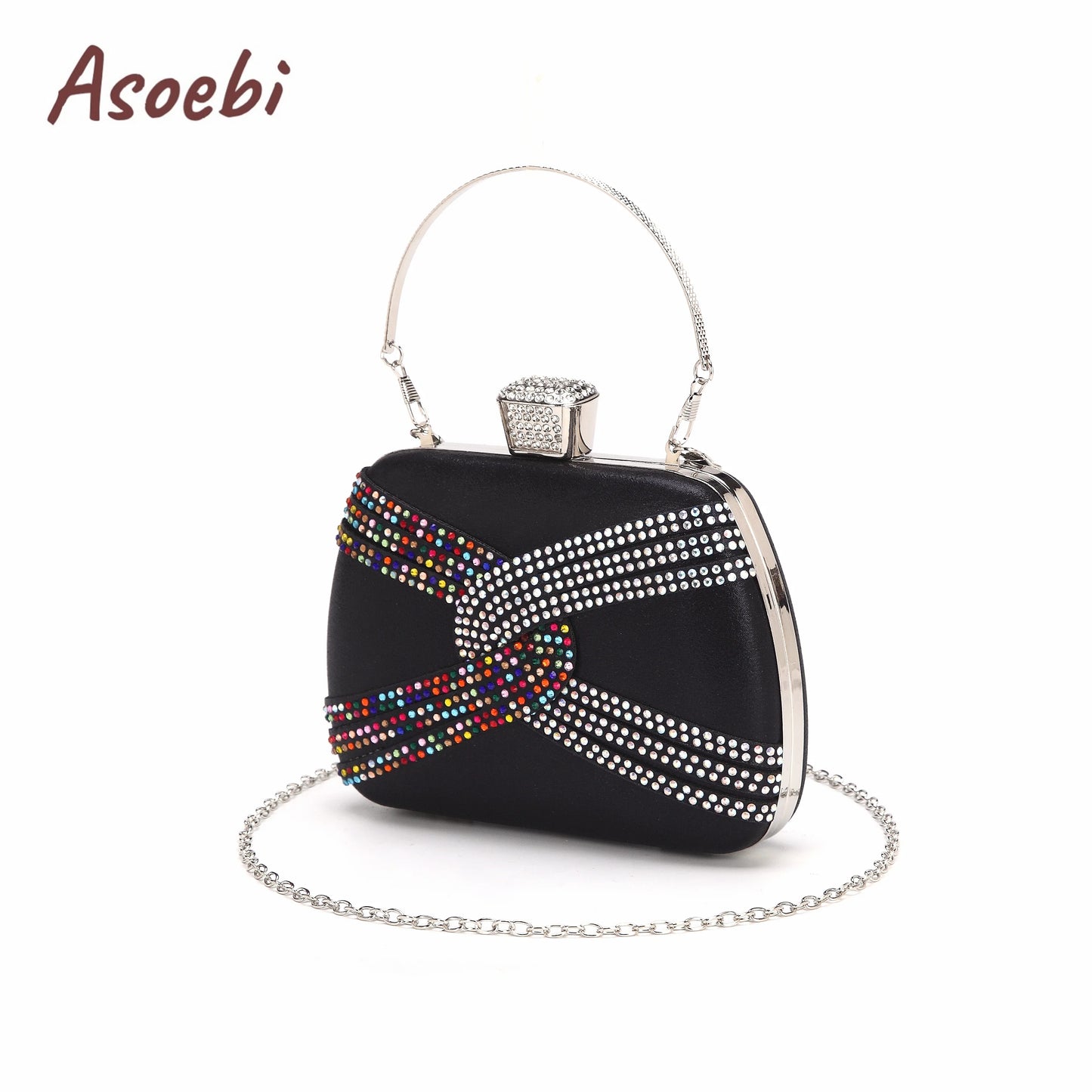 Black Color Sandals for Women 2024 Luxury Comfortable Pumps Low Heels Rhinestone Design Wedding Party Shoes and Bags Set