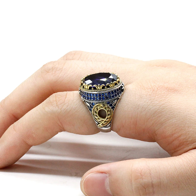 New Men's Ring 925 Sterling Silver with Blue Zircon Vintage Couple Ring Thailand Silver Jewelry Set Woman For Ring