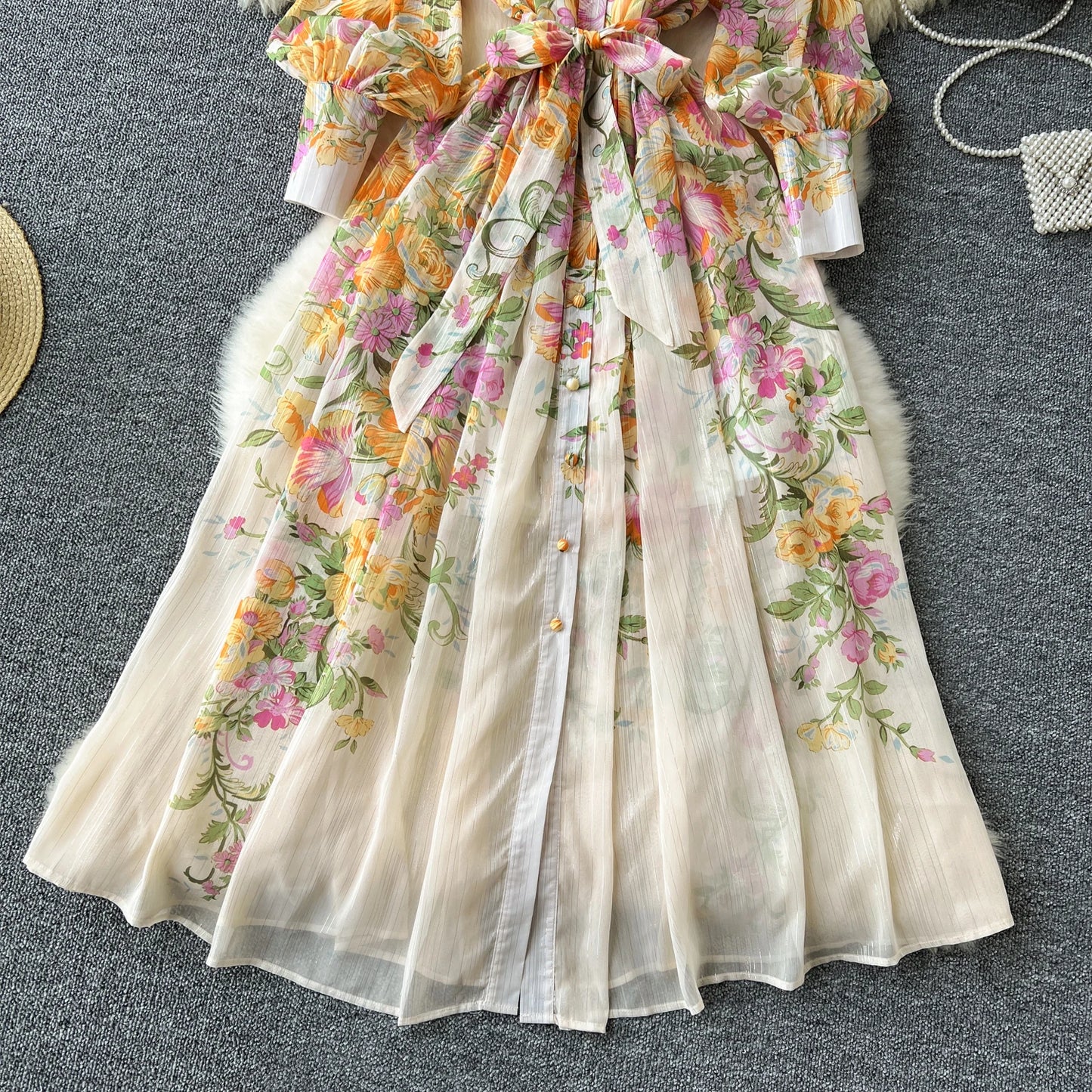 Retro Print o neck lool sleeve sashes Single Breasted Dress A-line Casual High Waist Women Summer chiffon Dresses