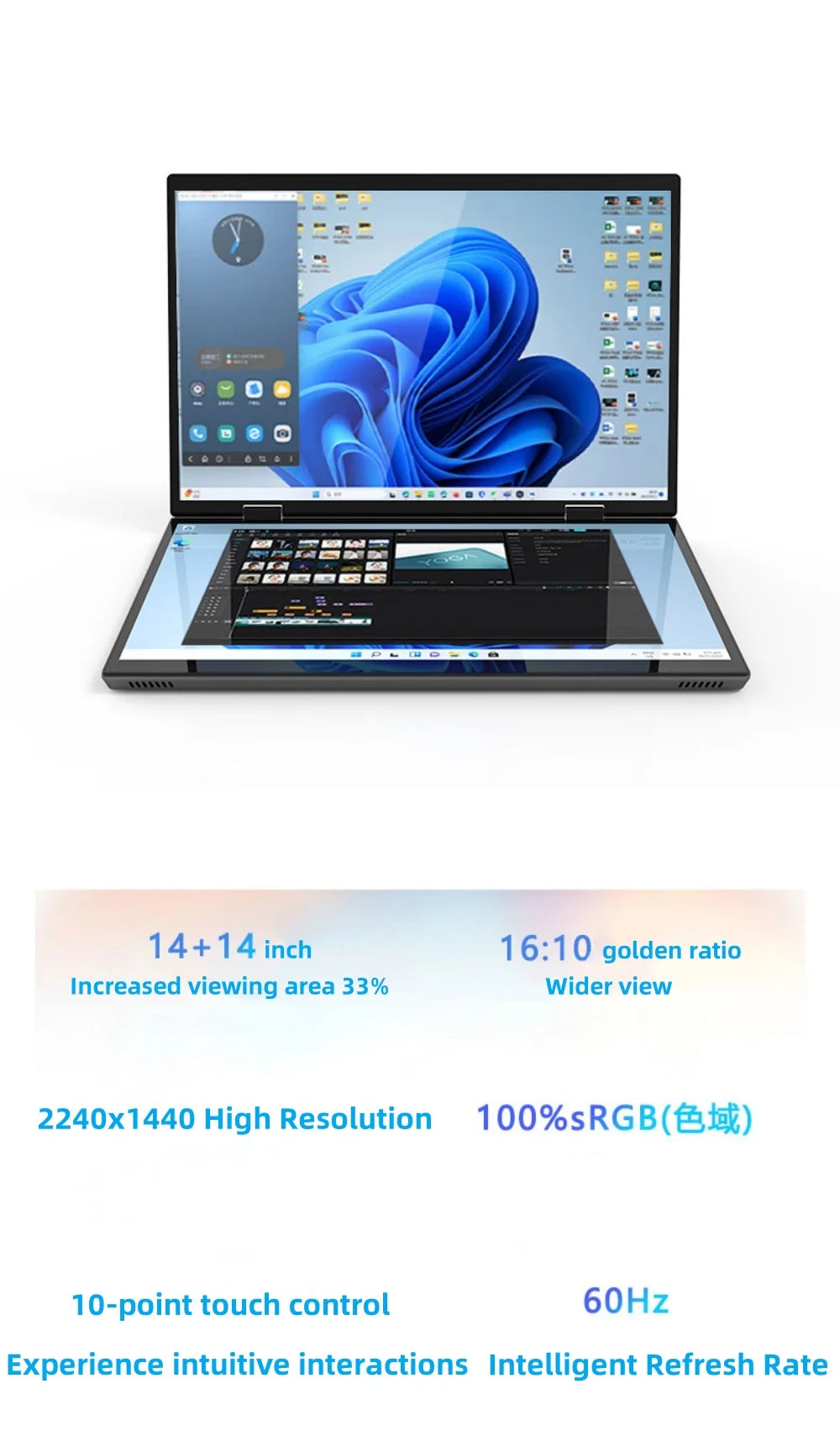 Dual Screen Laptop Intel N95 Processor 14“+14” touch Gaming Laptop DDR4 32GB 1TB 2TB SSD Notebook Computer
