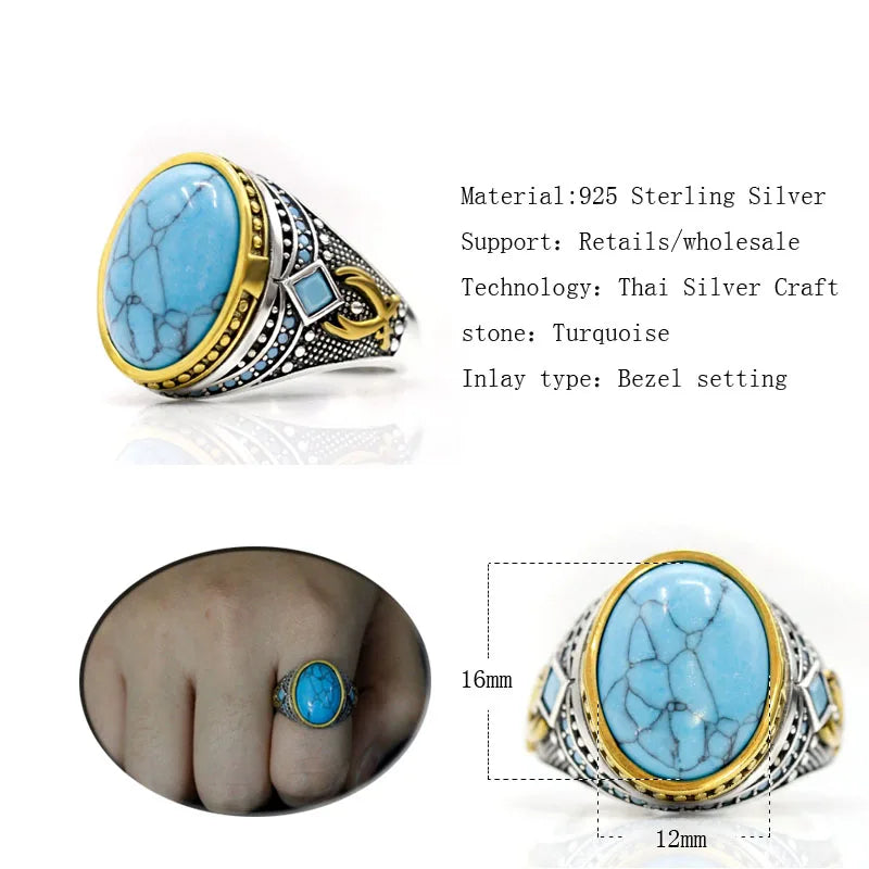 Popular Türkiye Men's Handmade Ring Sterling Silver S925 Women's Turquoise Religious Muslim Christmas Jewelry Gift