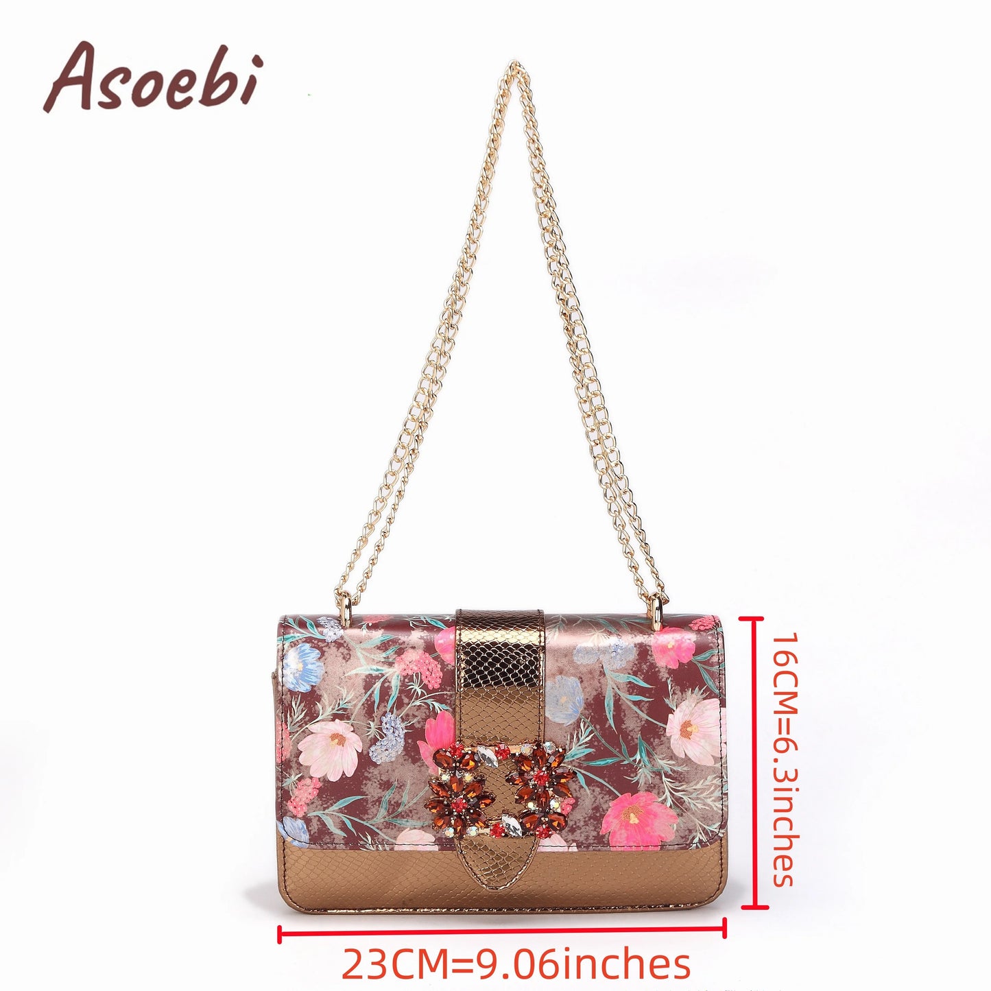 Women High Heels Sandals Printing Flower Material with Rhinestone Italian Design Coffee Color Pointed Toe Shoes and Bags Set