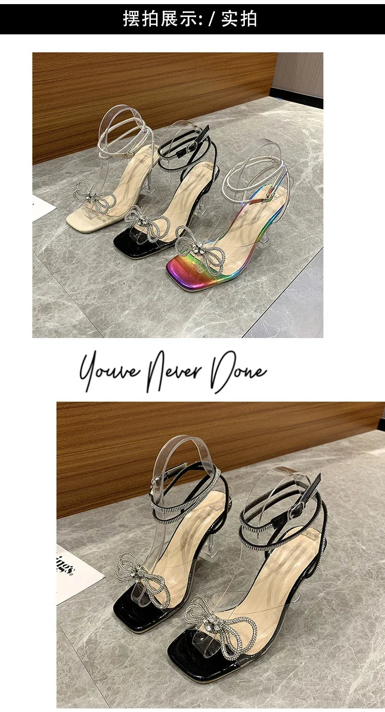 Sexy Rhinestone Bowknot Women's Sandals Jelly Transparent High Heels Summer Ankle Buckle Strap Party Shoe