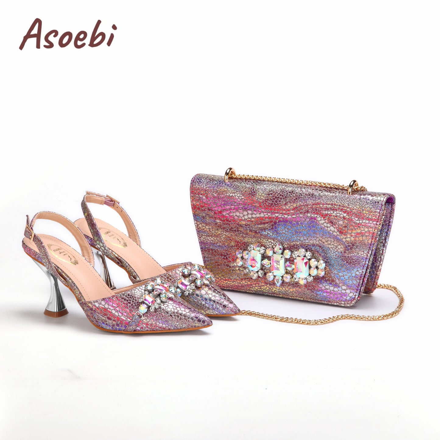 Gold Sandals for Women 2024 Luxury Wedding Pumps High Heels Rhinestone Design Party Shoes and Bags Set for Wedding Party