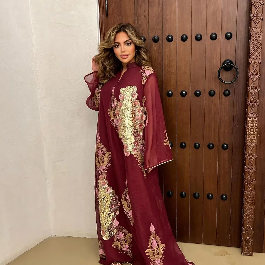 Mesh Sequins Embroidered Abaya Dress for Women Winter 2024 Middle East Arab Oman Dubai Muslim Moroccan Caftan Party Clothes Eid