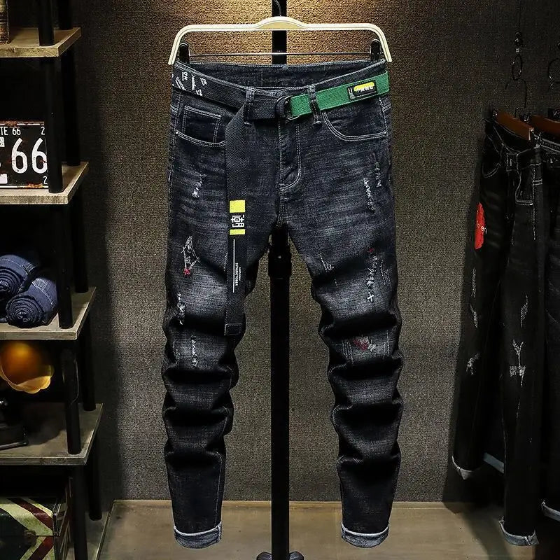 Fashion High-end Korean Luxury Streetwear Punk Casual Slim Fit Denim Jeans for Spring and Autumn with 3D Embroidery Design Jeans