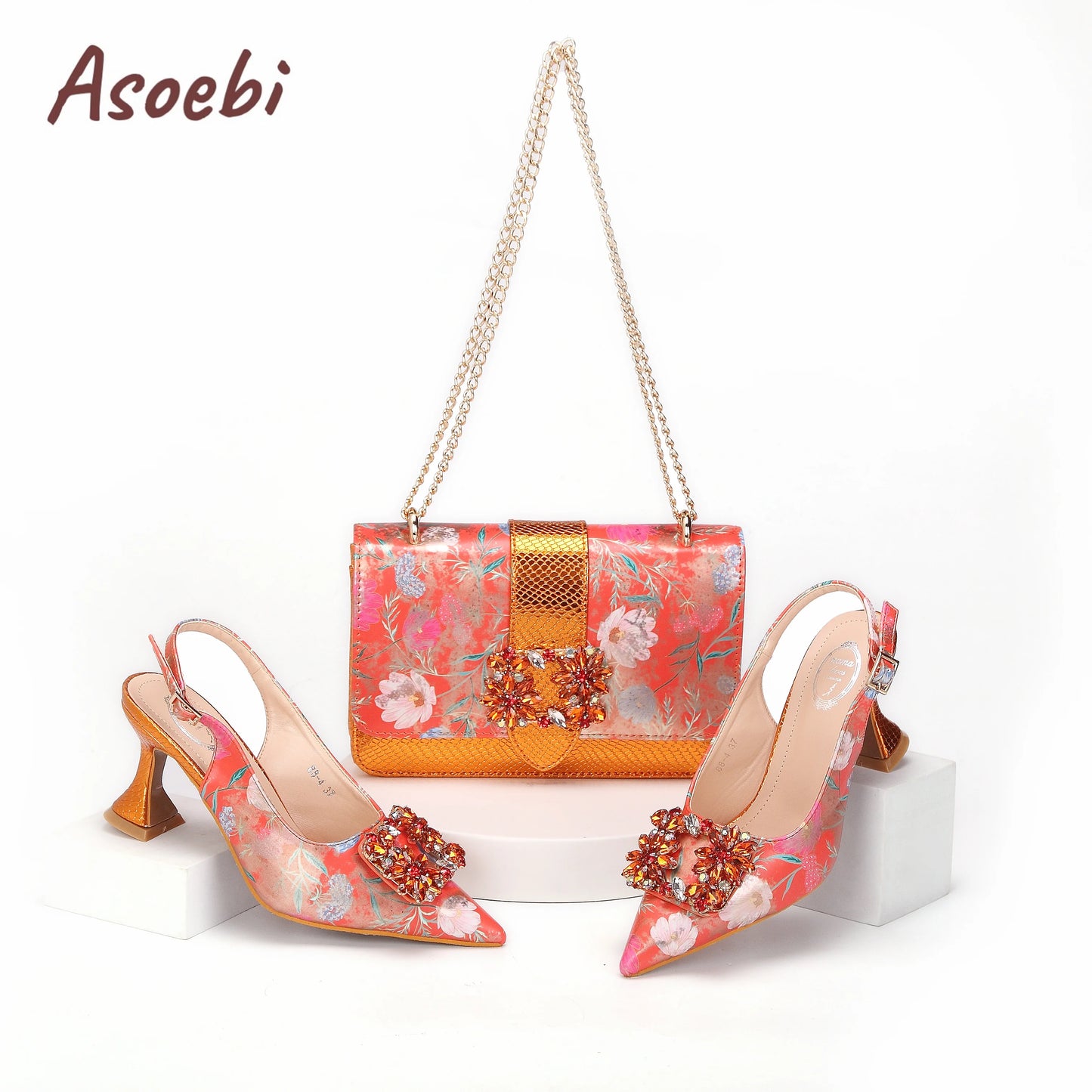 Women High Heels Sandals Printing Flower Material with Rhinestone Italian Design Coffee Color Pointed Toe Shoes and Bags Set