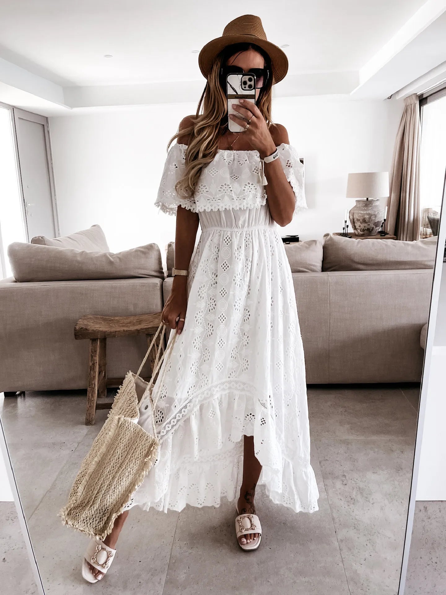 Women Casual Bohemian Style Long Dress Sexy Strapless Off The Shoulder Lace Tassel High Waist Big Hem Hollow Out Vestidos Summer
