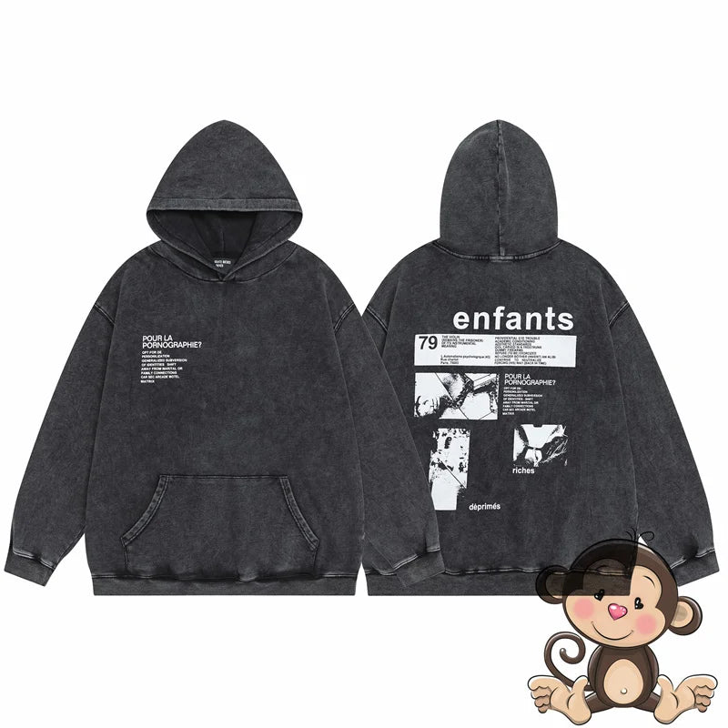 Retro washed black ERD hoodie loose casual men's and women's sportswear
