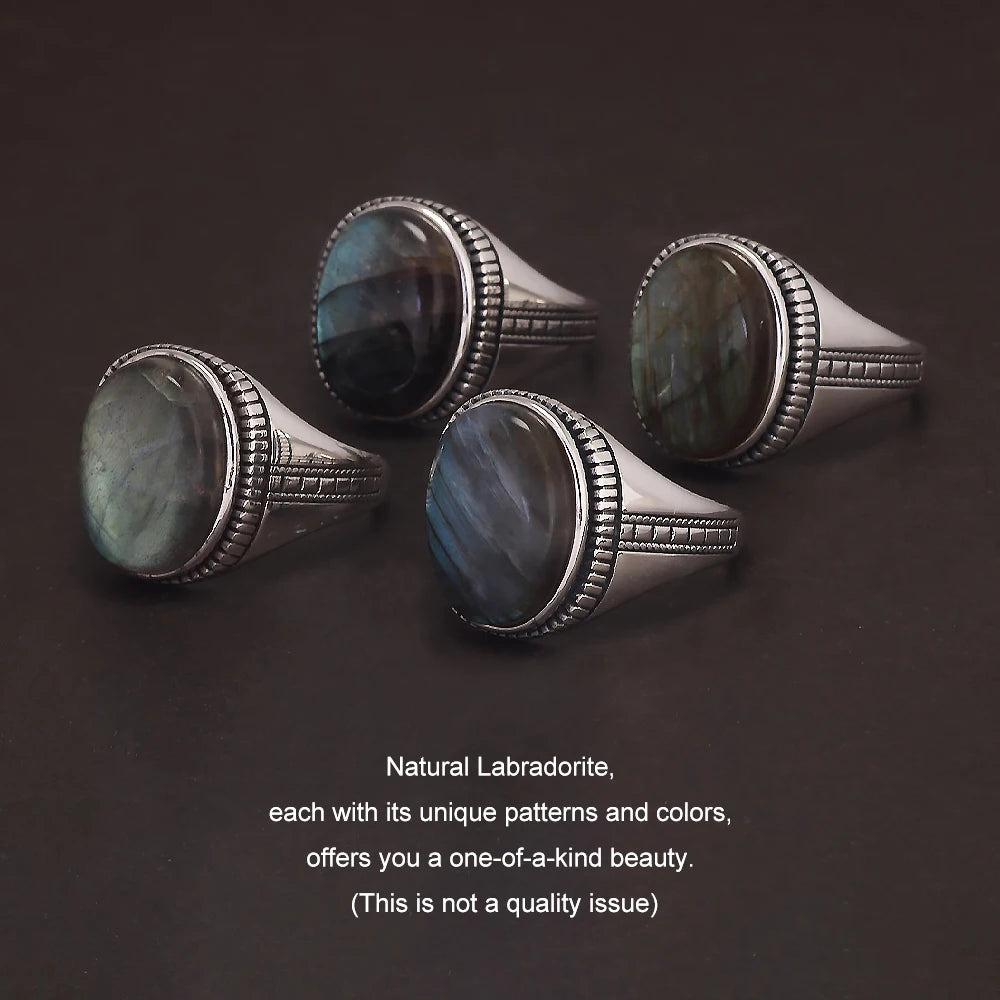 925 Sterling Silver Turkey Ring Men Labradorite Ring for Male Original Agate Rings Oval Natural Gemstone Luxury Turkish Jewelry
