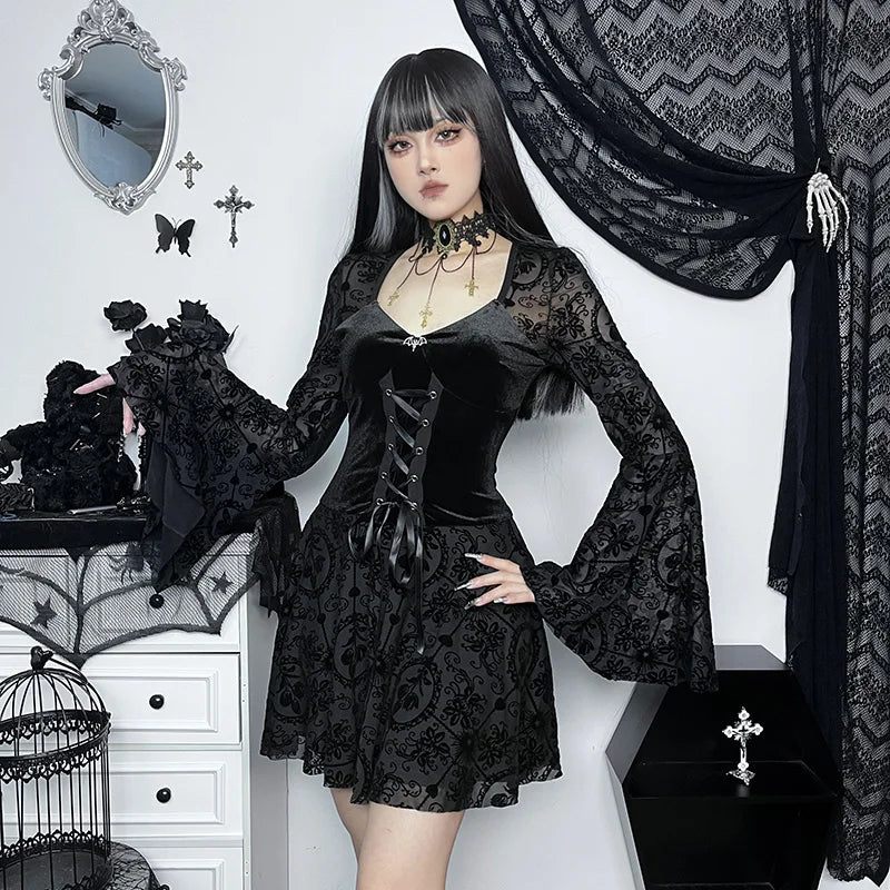 InsGoth Gothic Long Sleeve Ruffle Mini Dress Women's Vintage V Neck Velvet Stretchy Bodycon Cocktail Dresses Victorian Blouse