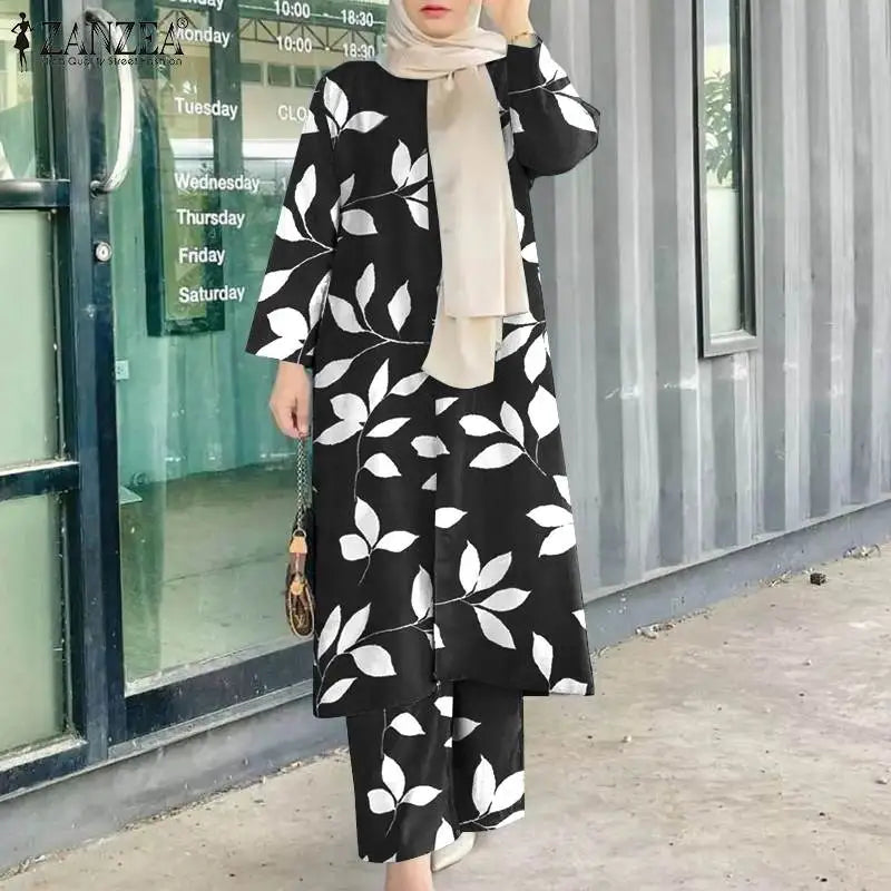 ZANZEA Vintage Women Long Sleeve Blouse Pant Sets 2PCS Floral Printed Loose Abayas Turkey Kaftan Casual Fall Muslim Trouser Suit