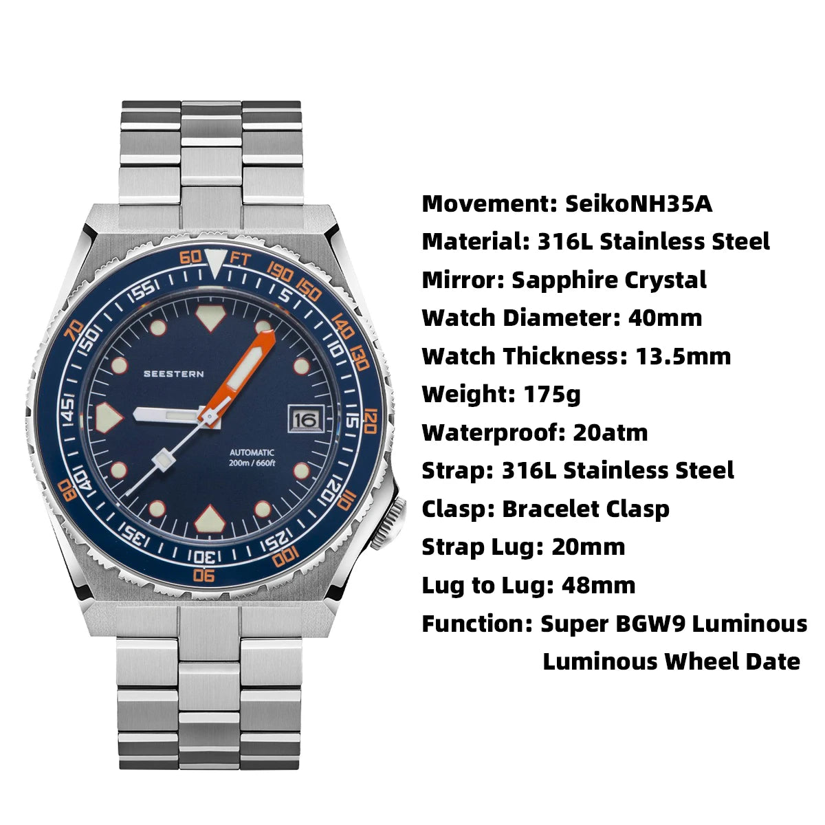 SEESTERN SUB600T Mens Diver Watch Automatic NH35 Movement Ceramic Bezel Lume Mechanical Wristwatches Sapphire Waterproof V3