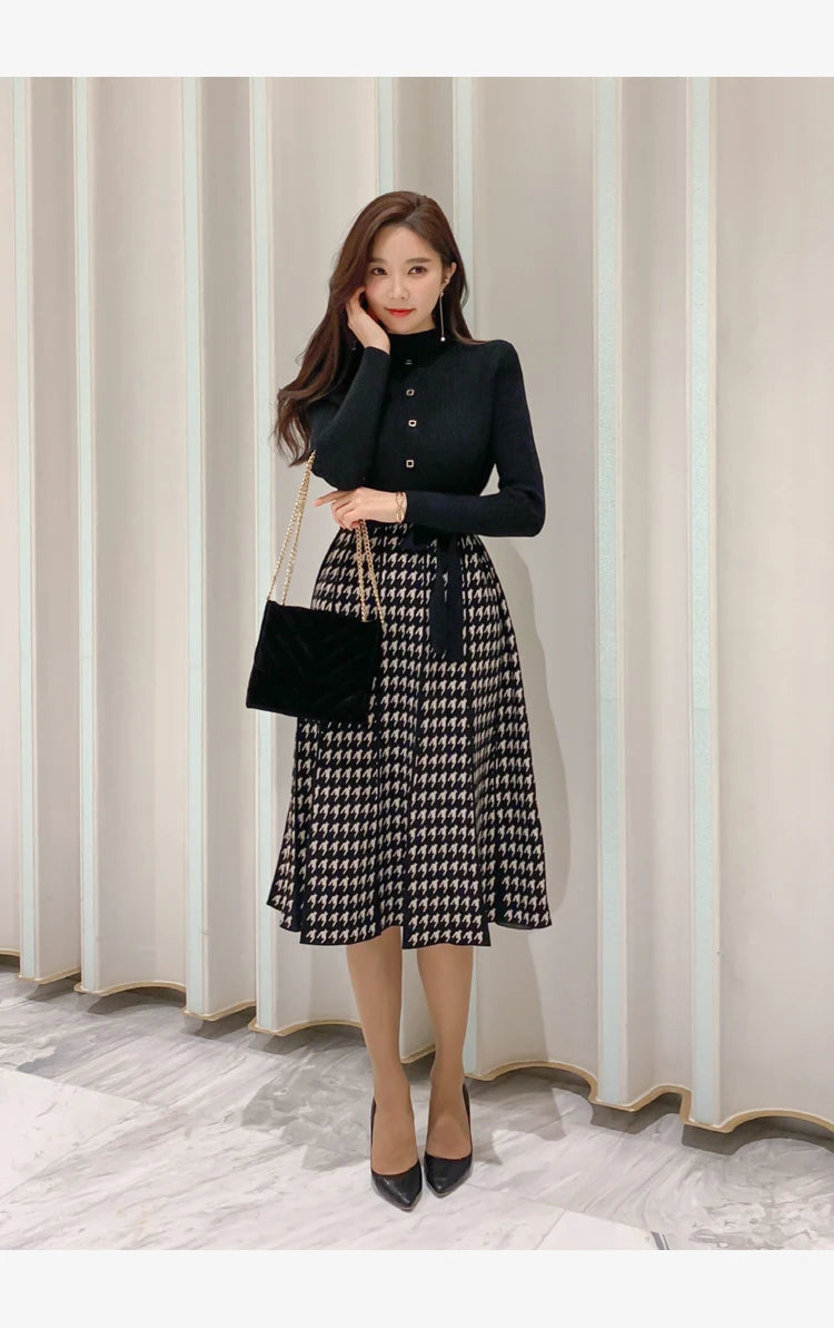 Korean Elegant Knitted Plaid Patchwork Midi Dress for Women Long Sleeve O-neck Bird Lattice Bow Pleated Dress Autumn Winter 2023
