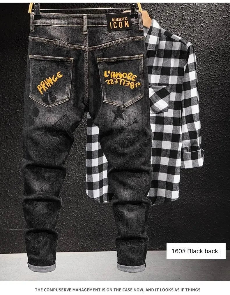 Fashion High-end Korean Luxury Streetwear Punk Casual Slim Fit Denim Jeans for Spring and Autumn with 3D Embroidery Design Jeans