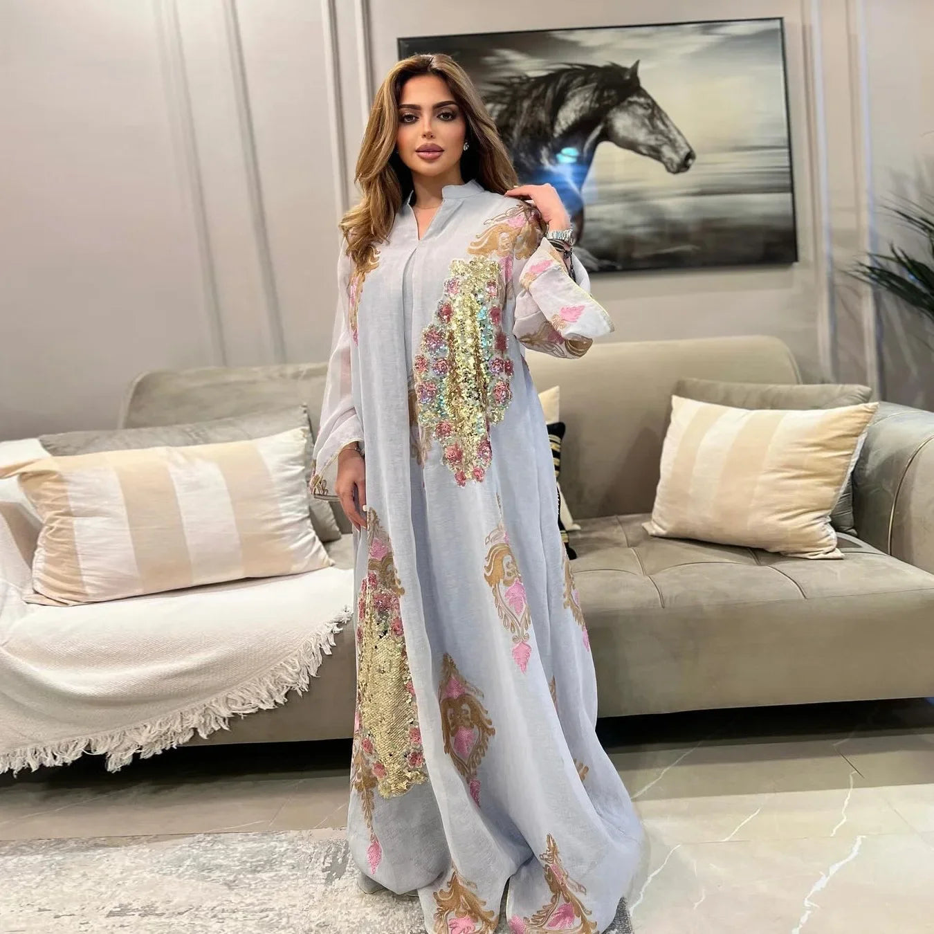 Mesh Sequins Embroidered Abaya Dress for Women Winter 2024 Middle East Arab Oman Dubai Muslim Moroccan Caftan Party Clothes Eid