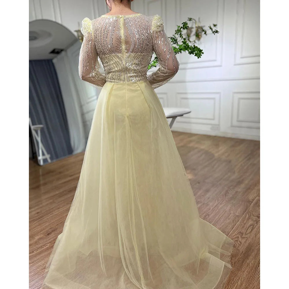 Serene Hill Muslim Blue Mermaid Over Skirt Evening Dresses Beads Puff Shoulder Prom Formal Gowns 2024 For Women Party LA72030