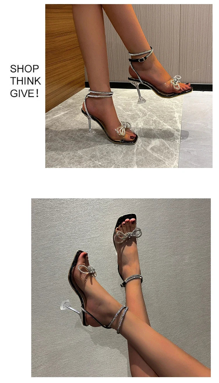 Sexy Rhinestone Bowknot Women's Sandals Jelly Transparent High Heels Summer Ankle Buckle Strap Party Shoe