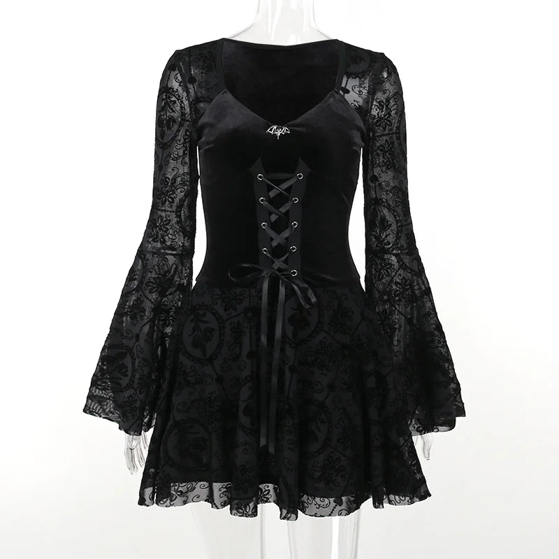 InsGoth Gothic Long Sleeve Ruffle Mini Dress Women's Vintage V Neck Velvet Stretchy Bodycon Cocktail Dresses Victorian Blouse