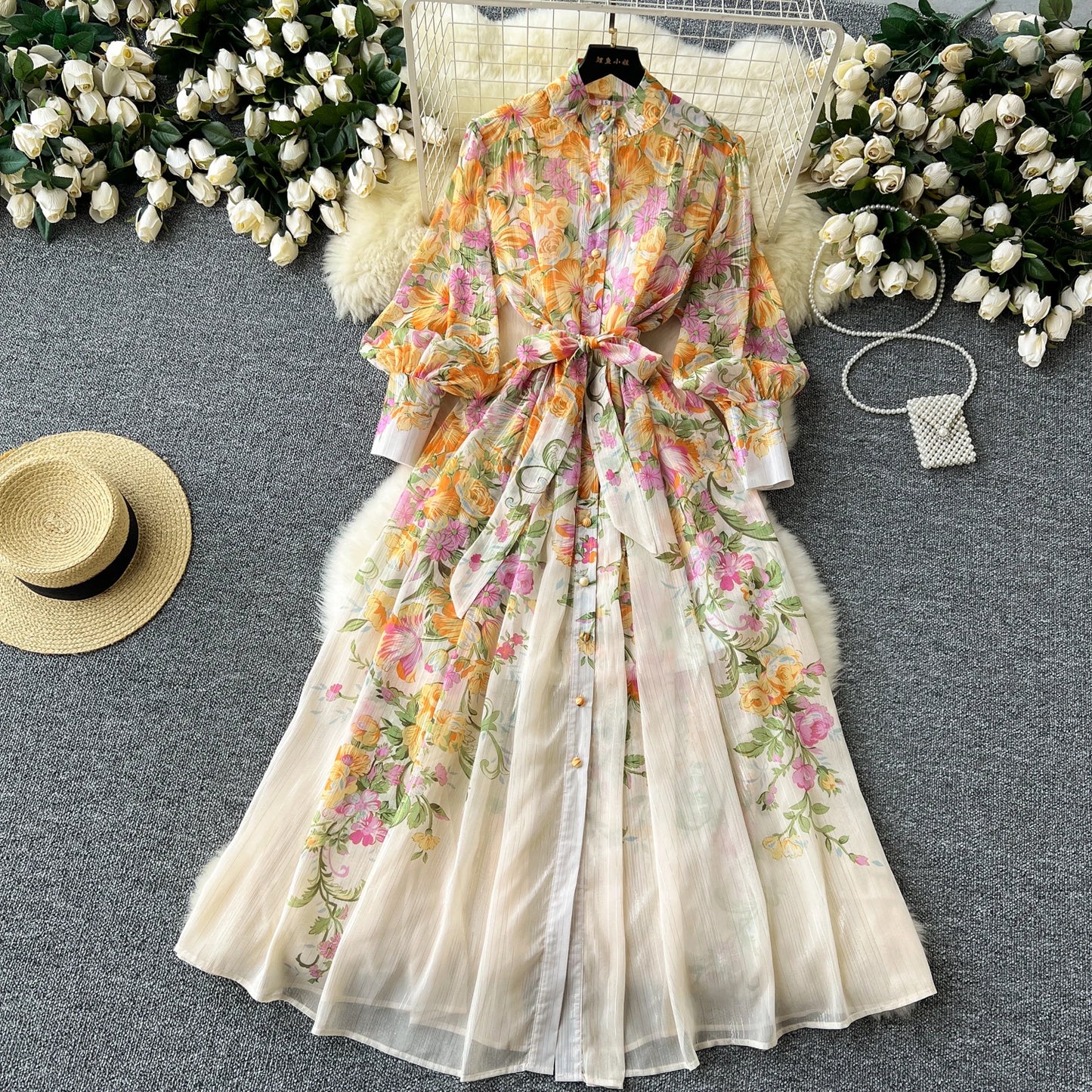 Retro Print o neck lool sleeve sashes Single Breasted Dress A-line Casual High Waist Women Summer chiffon Dresses
