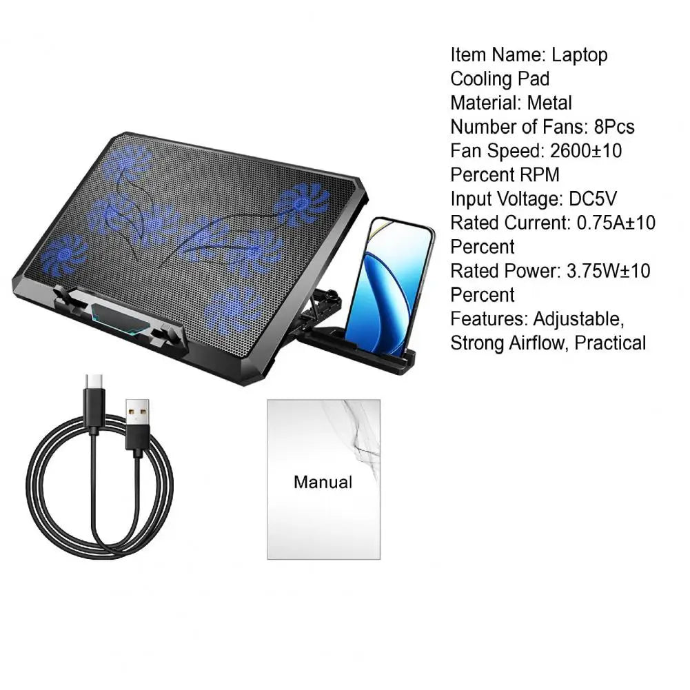 8 Powerful Fans Gaming Laptop Cooler 2 Usb Ports with Rgb Light Hd Display Laptop Cooling Pad Adjustable Notebook Cooler Stand