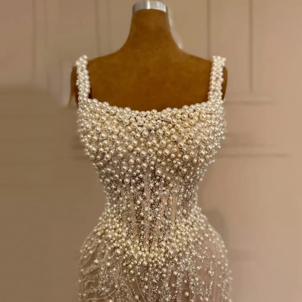 Serene Hill White Nude Spaghetti Strap Mermaid Evening Dresses Gowns Luxury Pearls Beaded For Women Wedding Party 2024 LA72266