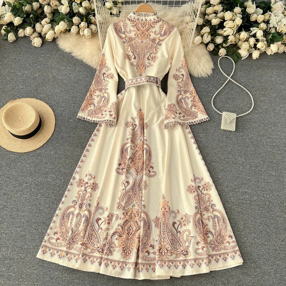 Spring Autumn Retro Long Dress Women Standing Neck Flared Sleeve Printed Party Dresses Ladies Slim A-line Court Style Long Robe