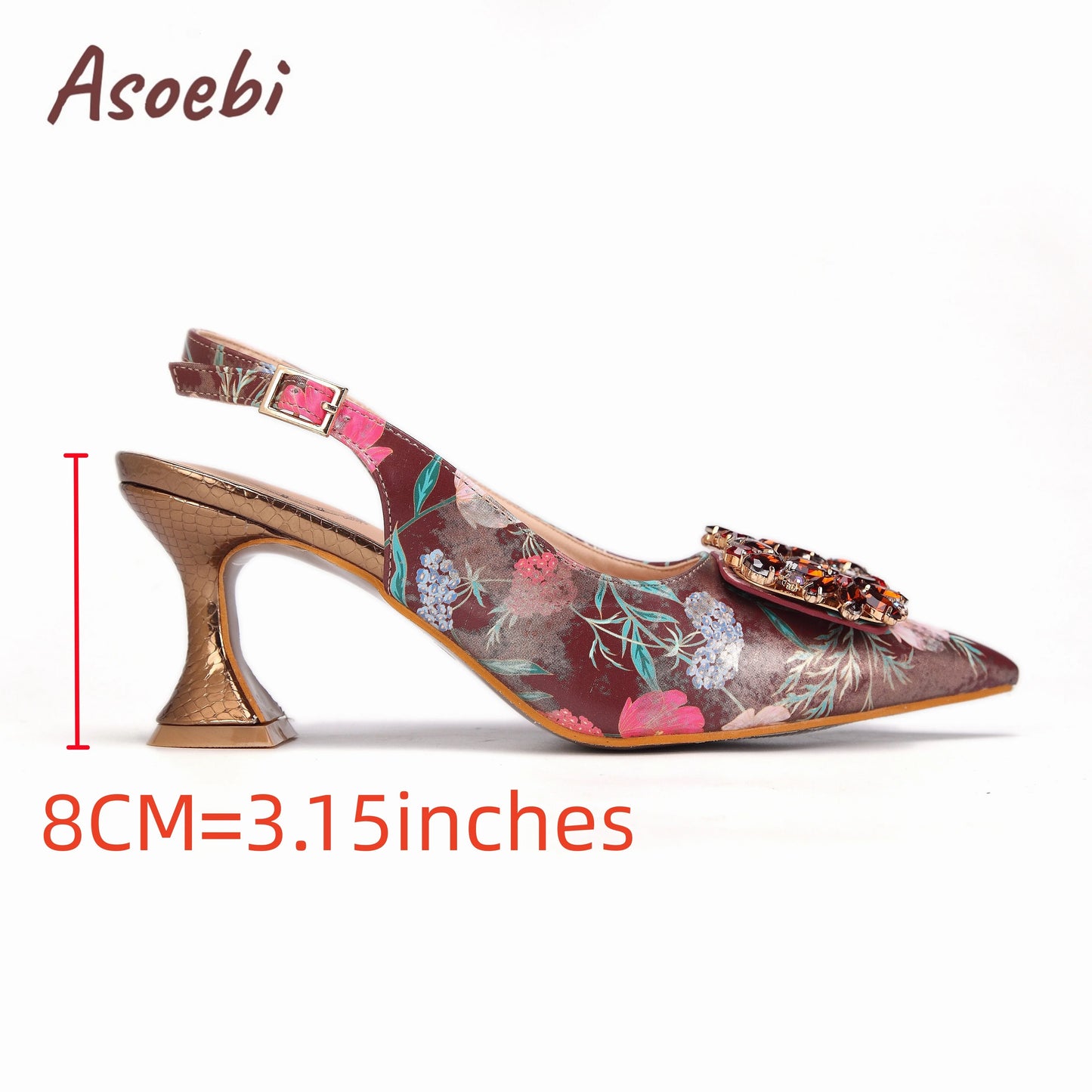 Women High Heels Sandals Printing Flower Material with Rhinestone Italian Design Coffee Color Pointed Toe Shoes and Bags Set