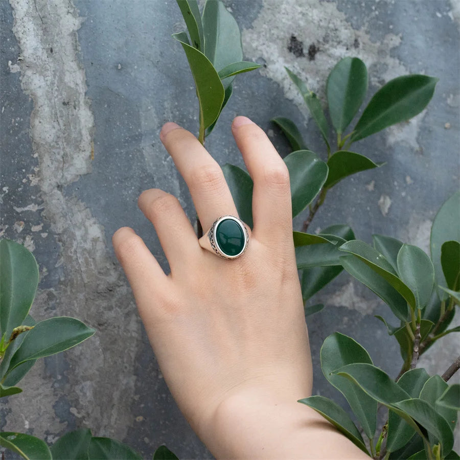 100% Solid Real S925 High Quality 8g Pure Silver Men Ring Agate Green Fashion Couple Gift
