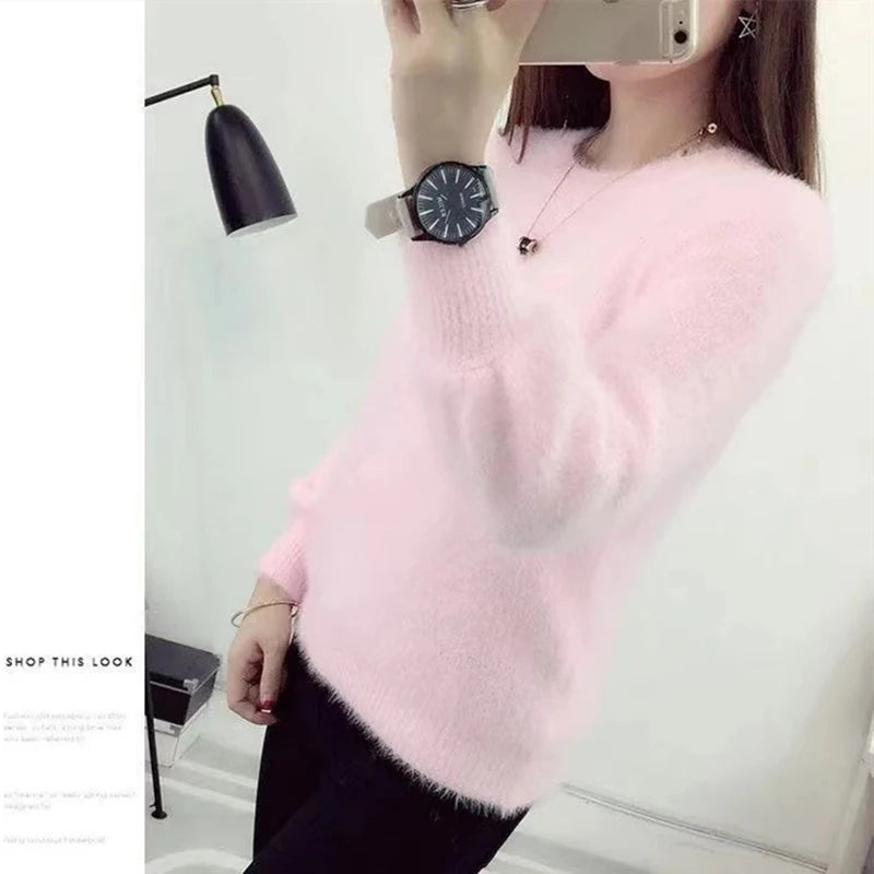 Winter Imitate Mink Wool Hot Flecing Long Puff Sleeve Female O-neck Elastic Casual Sweater Women Knitted Tops Pullovers Solid