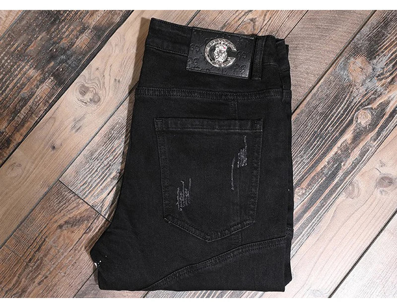 Streetwear Fashion Men Jeans Black Color Stretch Elastic Slim Fit Painted Ripped Jeans Men Patch Designer Hip Hop Pants Hombre
