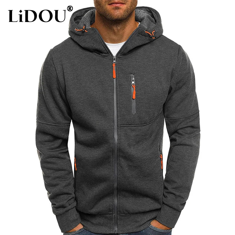 Spring Autumn New Solid Color Hooded Drawstring Long Sleeve Sweatshirts Man Fashion Zipper Pockets Street All-match Cardigan