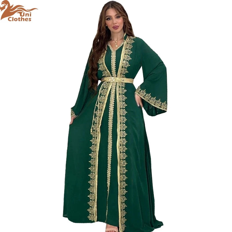 Muslim Sets Women Embroidery Evening Dress Dubai Abaya Turkey Kaftan Eid Djellaba Ramadan Morocco Caftan Jalabiya Vestido AB422