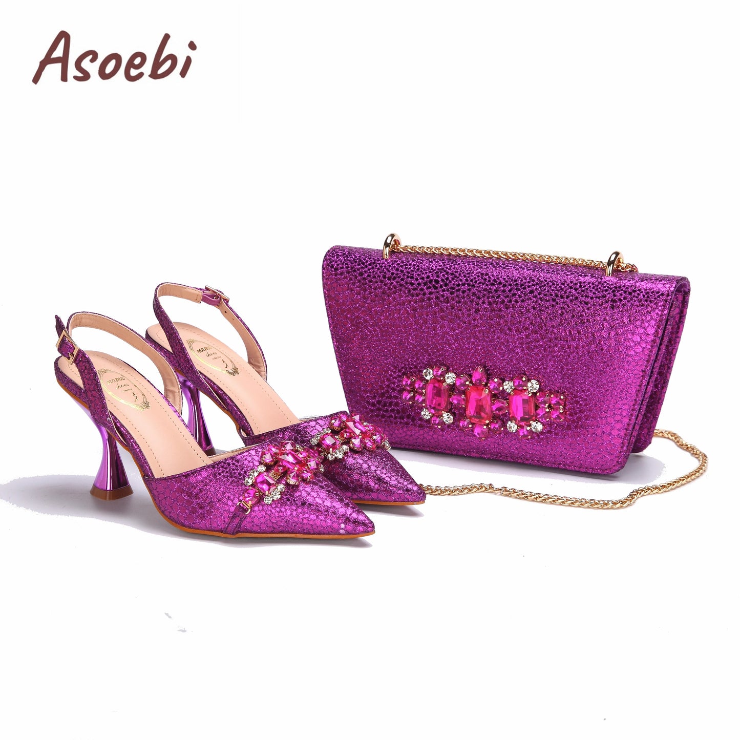 Pink Color Sandals for Women 2024 Luxury Wedding Pumps High Heels Rhinestone Design Party Shoes and Bags Set for Wedding Party