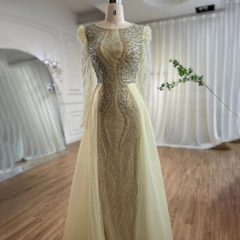 Serene Hill Muslim Blue Mermaid Over Skirt Evening Dresses Beads Puff Shoulder Prom Formal Gowns 2024 For Women Party LA72030