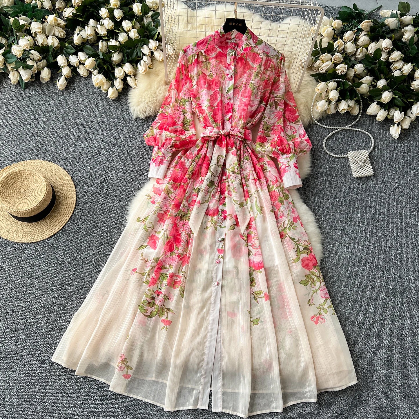 Retro Print o neck lool sleeve sashes Single Breasted Dress A-line Casual High Waist Women Summer chiffon Dresses