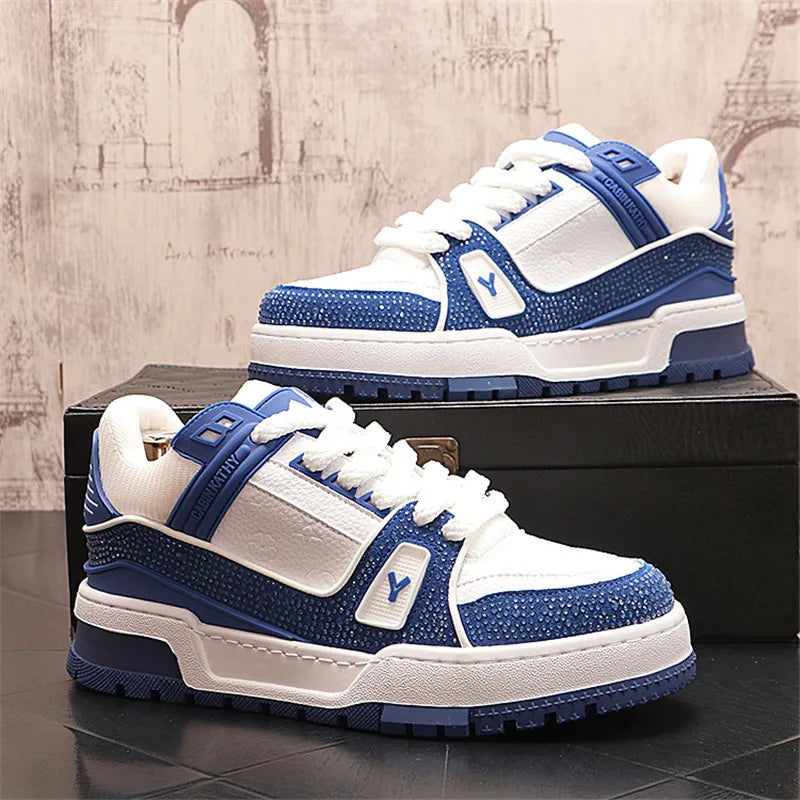 New Fashion Men's Lace-Up Two Tone Mixed Platform Casual Rhinestone Board Shoes Flats Outdoors Walking Footwear Zapatos Hombre