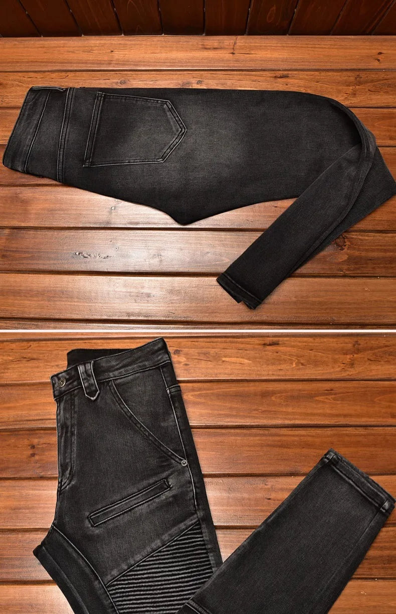 Motorcycle Jeans Black and Gray for Men 2024 Fashion Rock Skinny Pants Personality Stitching Vintage Men's Skinny Trousers
