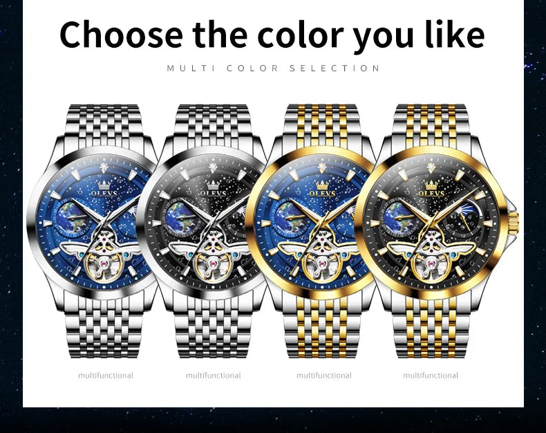 OLEVS Luxury Brand Men's Watches Luminous Waterproof Fully Automatic Mechanical Watch Starry Sky Dial Moon Phase Hollow Out