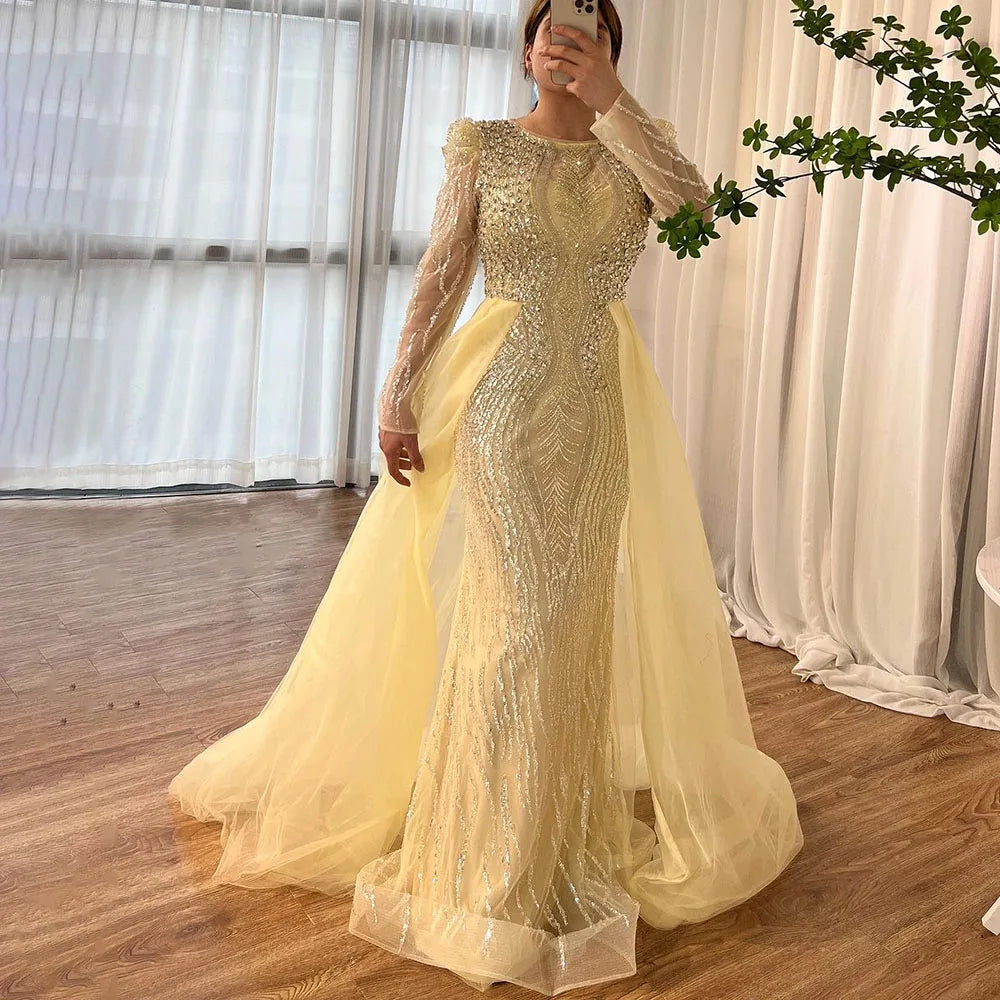 Serene Hill Muslim Blue Mermaid Over Skirt Evening Dresses Beads Puff Shoulder Prom Formal Gowns 2024 For Women Party LA72030