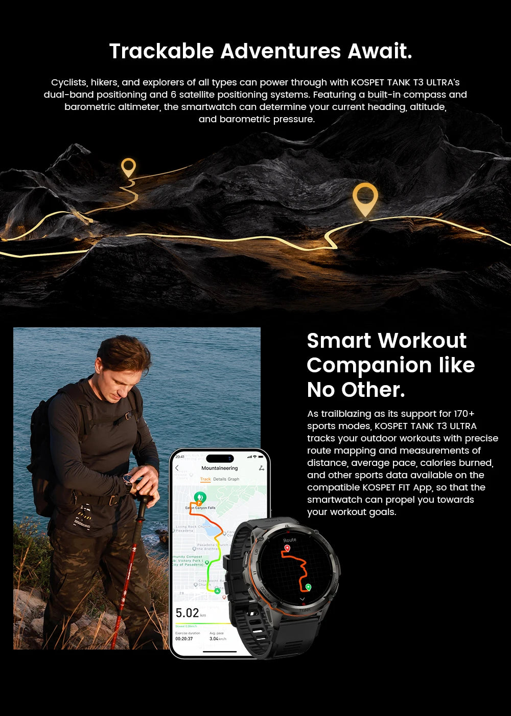 2024 Original KOSPET TANK T3 Ultra GPS Smartwatch For Men Women Waterproof Smart Watches Military Rugged Bluetooth Digital Watch