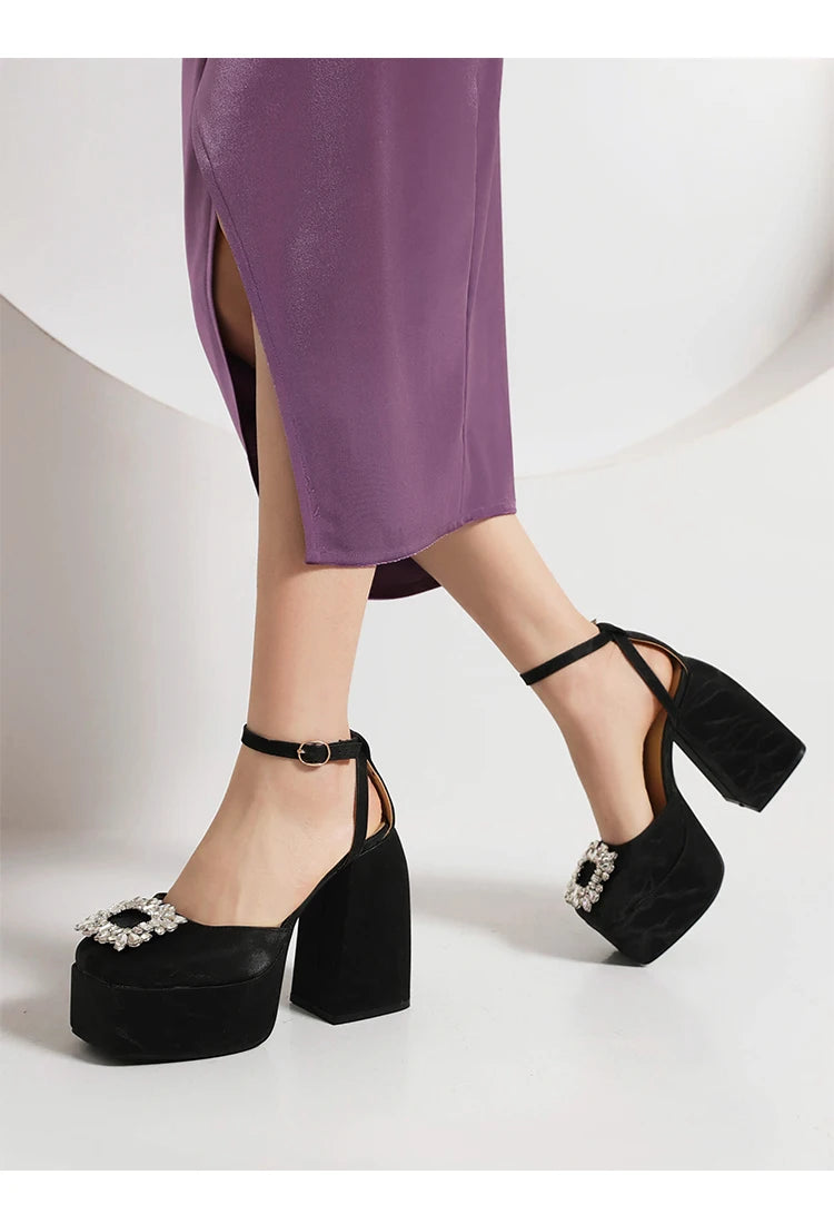 Plus Size Square Toe Super High Thick Heel Rhinestone Decal Hollow Sexy Women's Sandals Satin Fabric Ankle Strap Platform Sandal