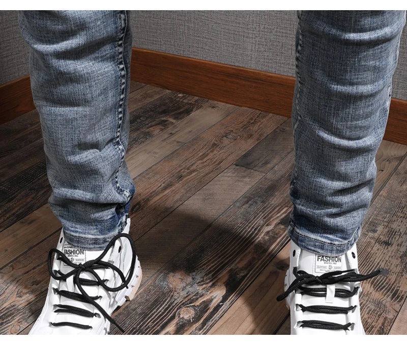 Fashion Designer Men Jeans Retro Light Blue Stretch Slim Fit Printed Ripped Jeans Men Hole Trousers Vintage Casual Pants Hombre