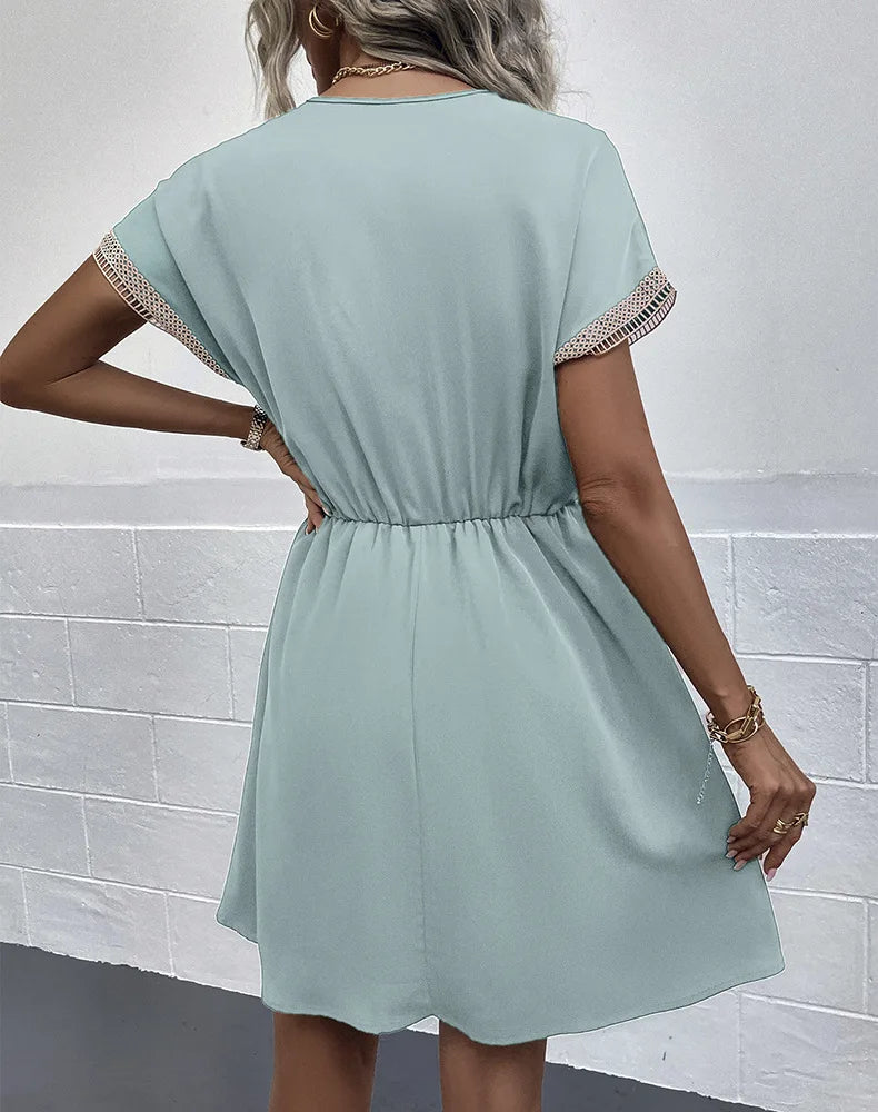 High Quality Dress Women Summer 2024 Casual Hollow Lace Patchwork V-neck Short Dress Tassels Tied Waist Belt Vintage Vestido Y2k
