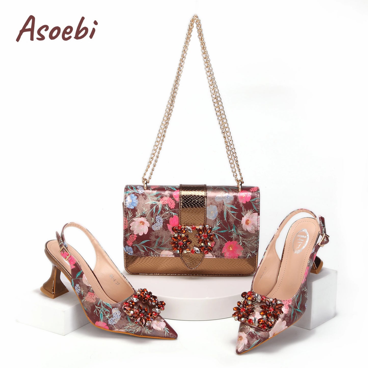 Women High Heels Sandals Printing Flower Material with Rhinestone Italian Design Coffee Color Pointed Toe Shoes and Bags Set