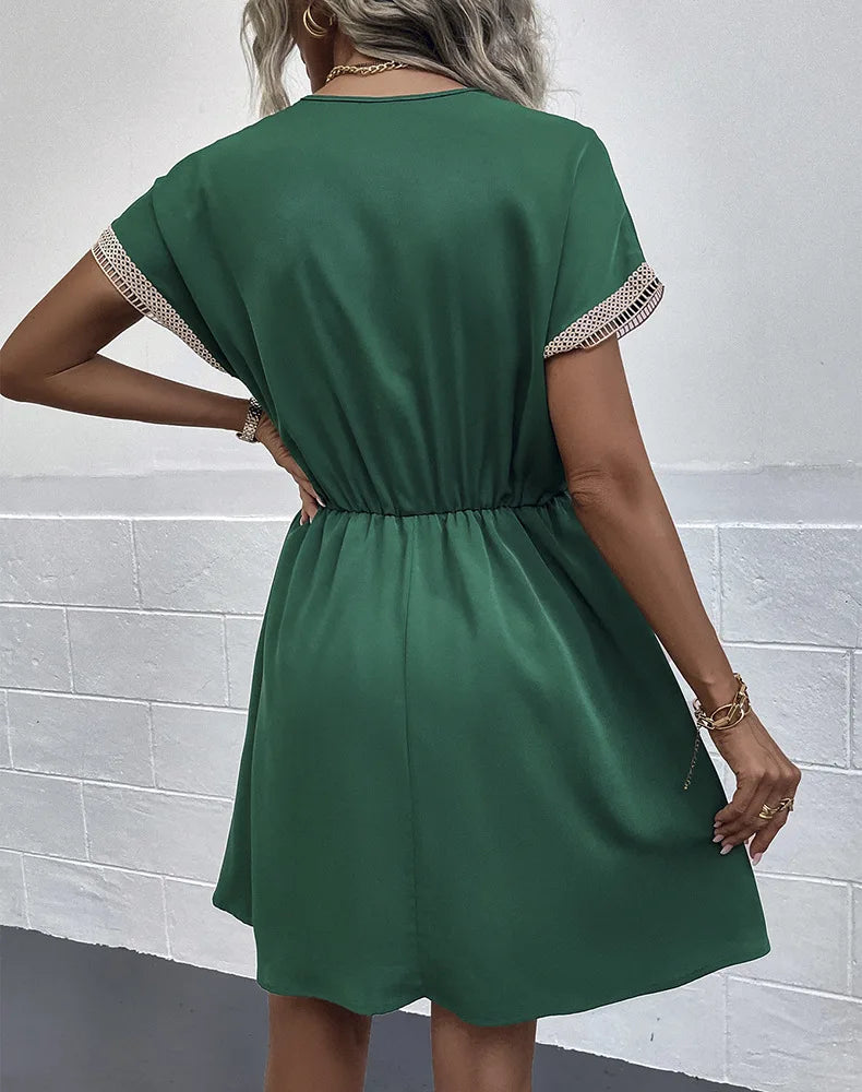 High Quality Dress Women Summer 2024 Casual Hollow Lace Patchwork V-neck Short Dress Tassels Tied Waist Belt Vintage Vestido Y2k