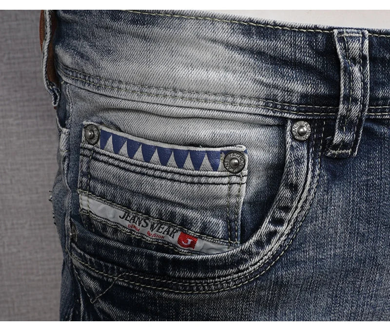Fashion Designer Men Jeans Retro Light Blue Stretch Slim Fit Printed Ripped Jeans Men Hole Trousers Vintage Casual Pants Hombre